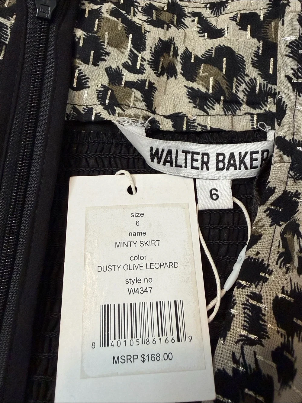 NWT! WALTER BAKER Dusty Olive Metallic Leopard Asymmetric Minty Skirt. Size 6.
